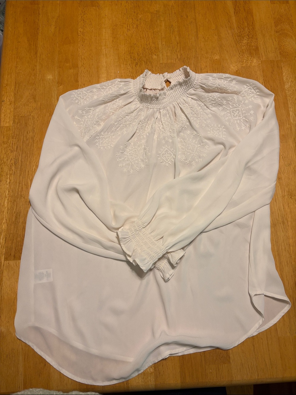LOFT Cream Embroidered Smocked-Neck Blouse